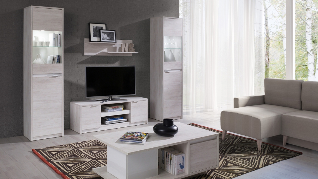 Obývací pokoj 2 DENVER barevné varianty dub bílý / bílá lesklá